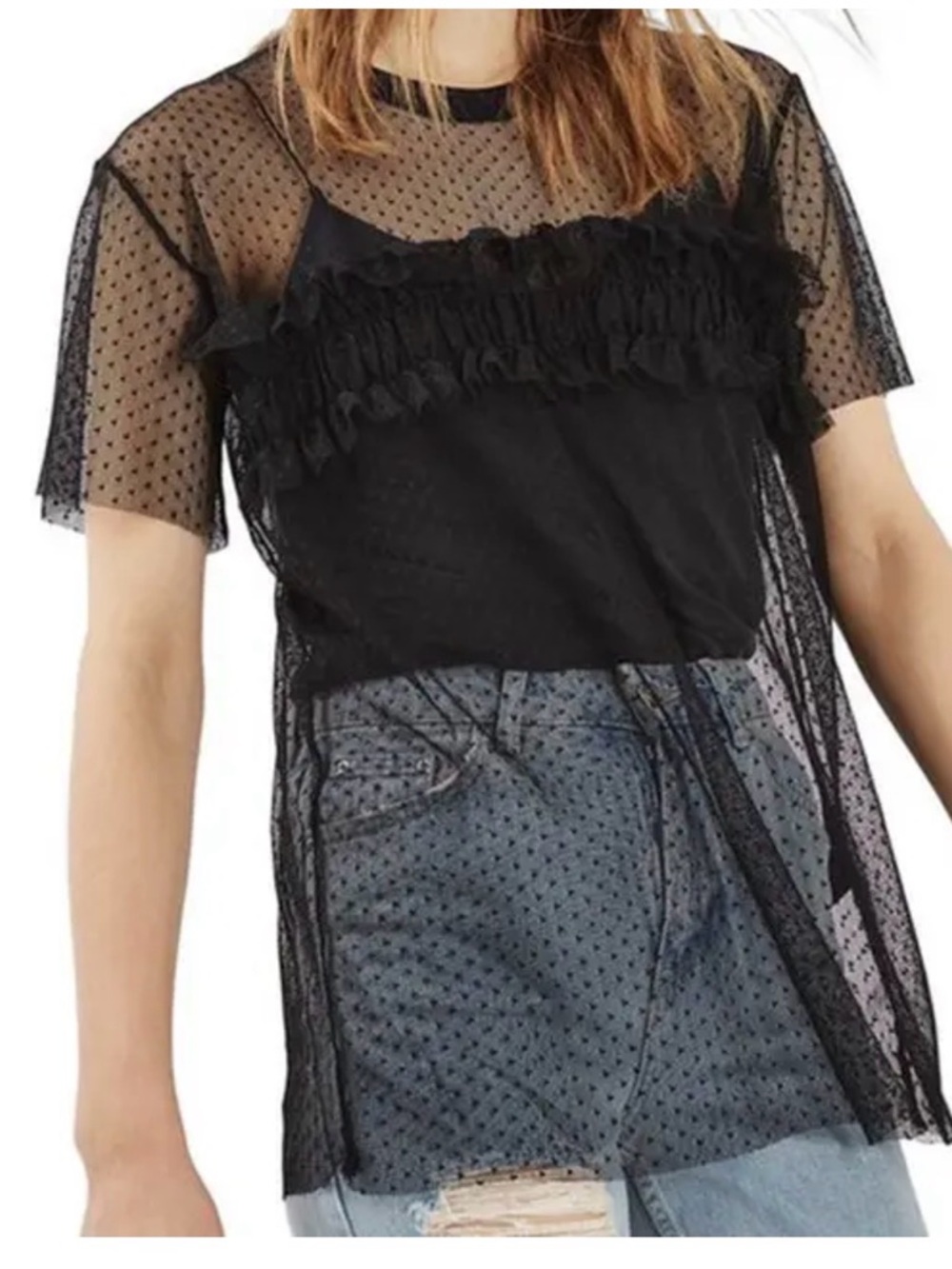Top Shop Black Sheer Polka Dot Ruffle Short-Sleeve Top